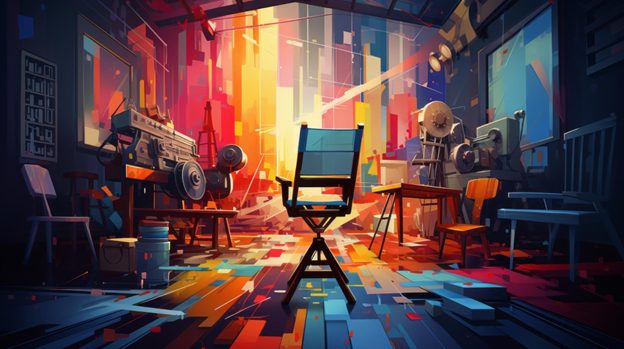 Director’s chair in front of a colorful movie set.